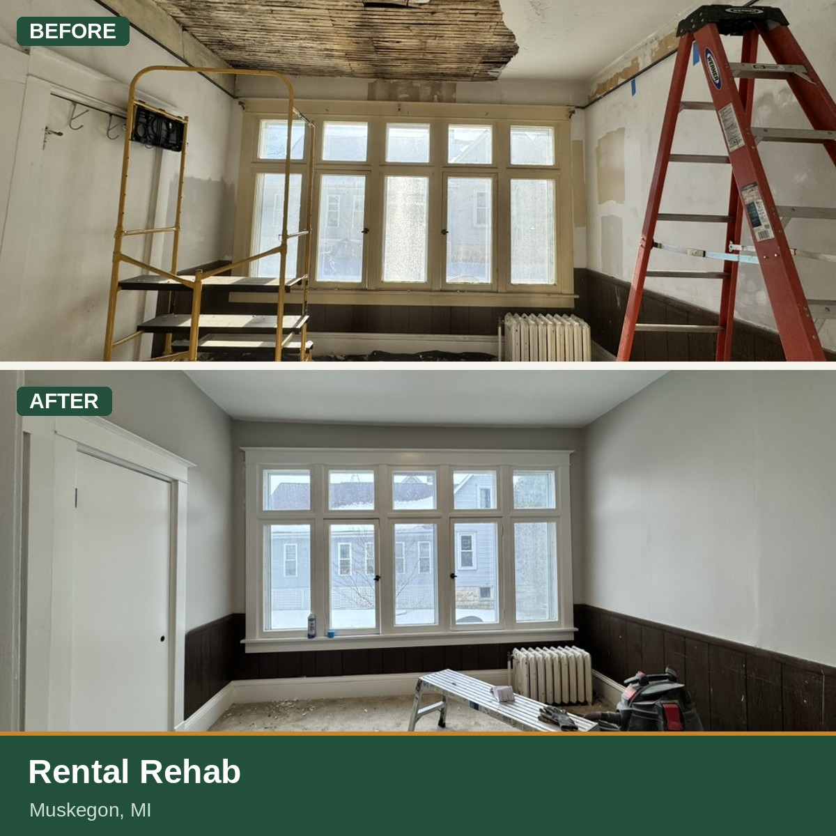 Rental rehab in Muskegon, MI — plaster ceiling torn out then repaired and repainted, before and after