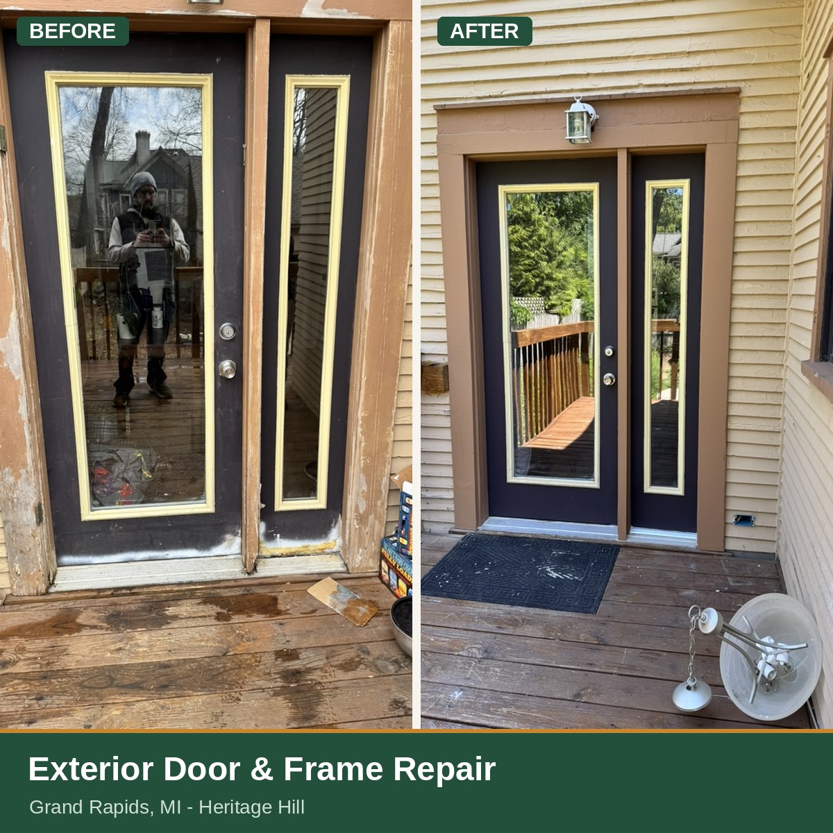 Exterior door and frame repair in Grand Rapids, MI (Heritage Hill) — weathered entry door refinished, before and after