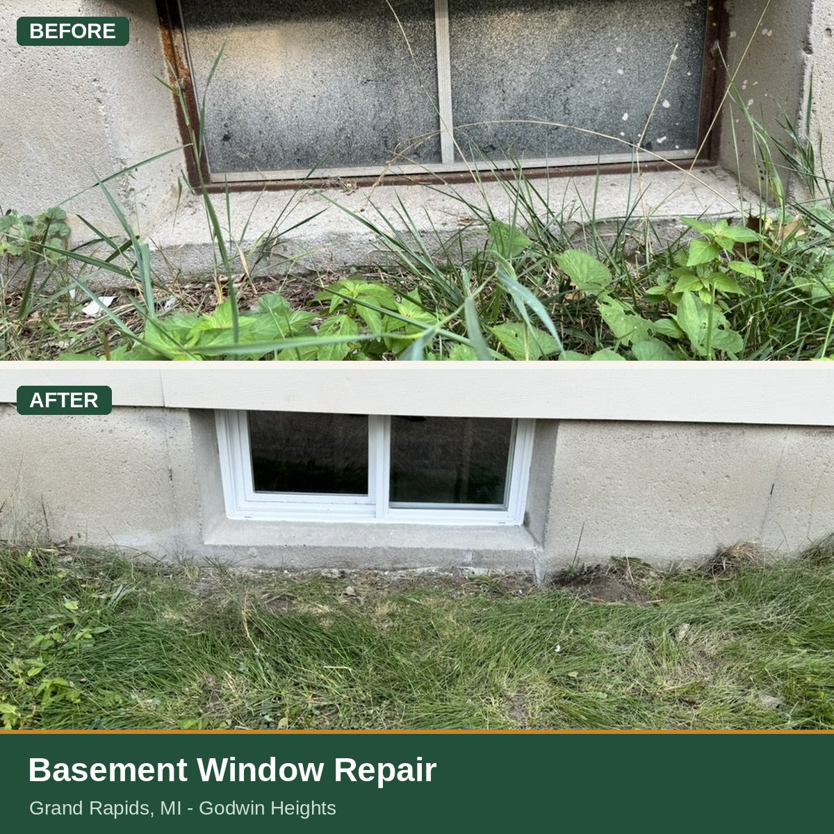 Basement window repair in Grand Rapids, MI (Godwin Heights) — old rusted window replaced with a new white unit, before and after