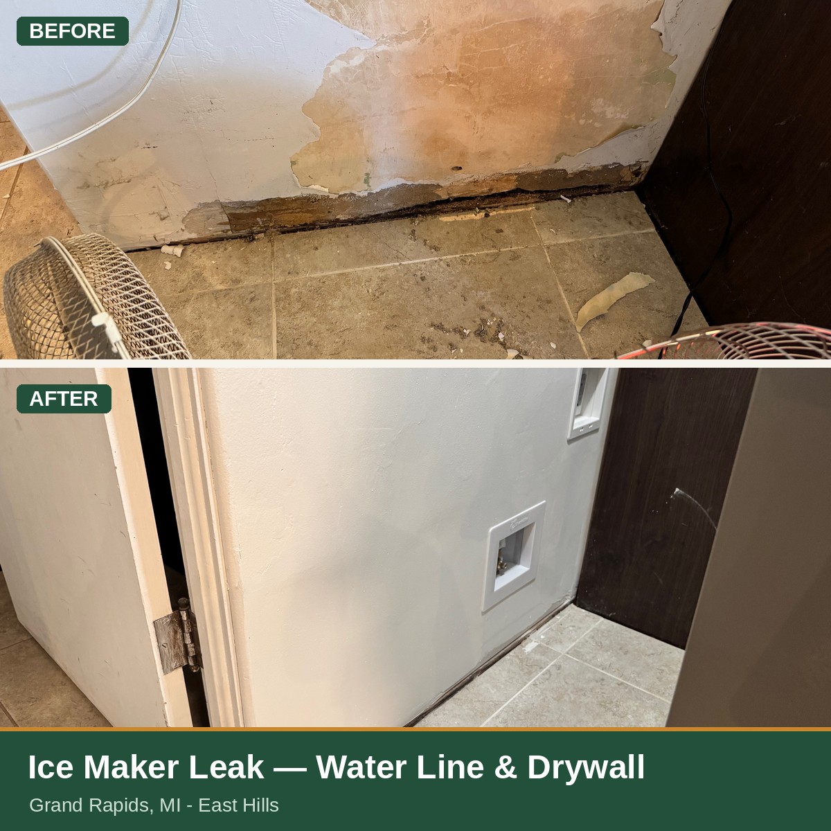 Ice maker leak repair — water line and drywall — in Grand Rapids, MI (East Hills), before and after
